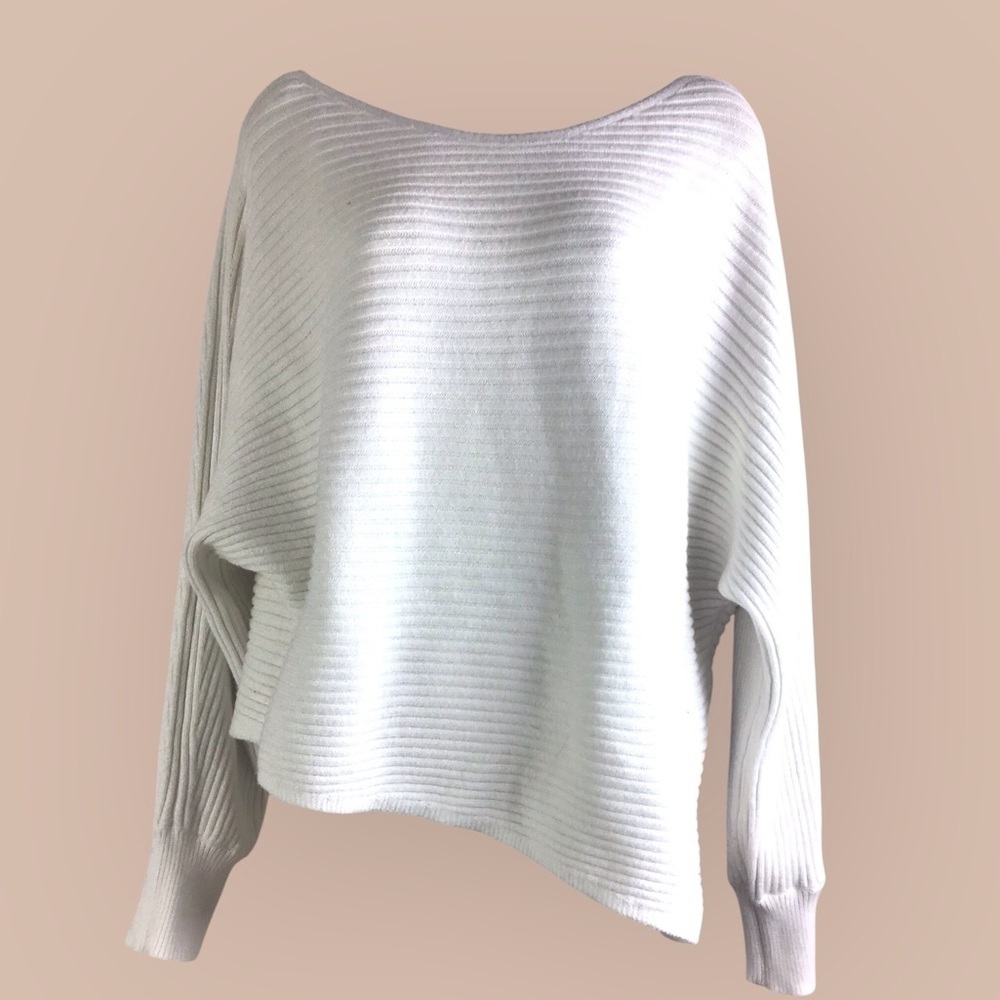 by Anthropologie Batwing Sleeves Ribbed Knit Wide Neck Asymmetrical Hem Size S